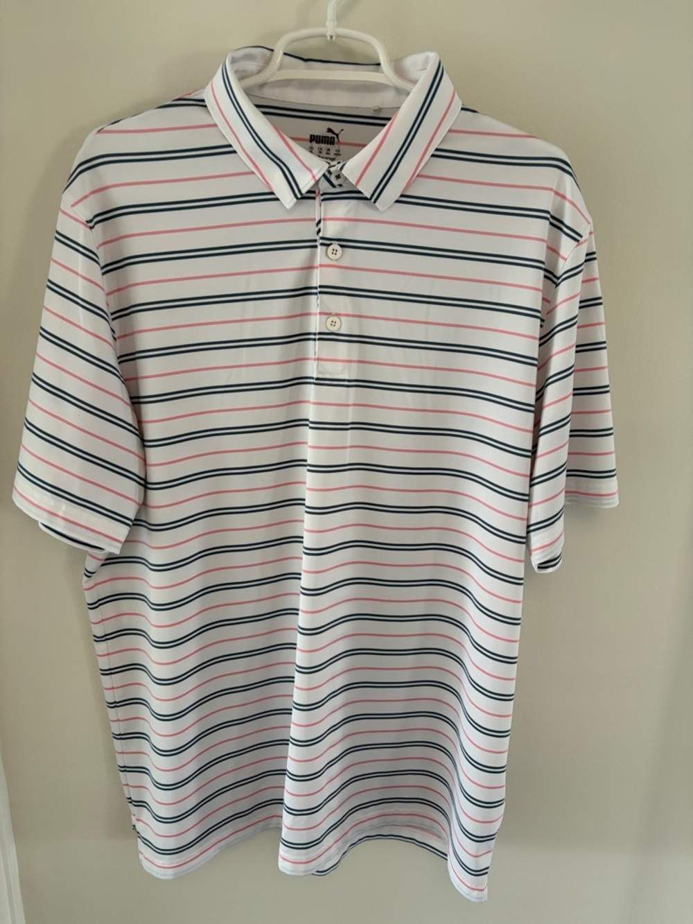 Puma White Polo with Navy and Pink Stripes